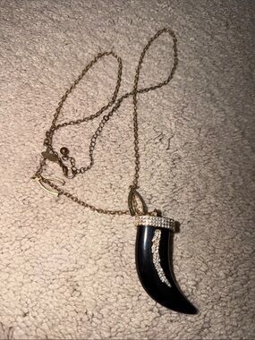 Gold-Tone Black Horn Pendant Necklace with Crystal Accent